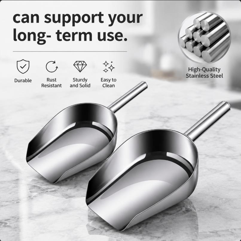 Multi-Purpose Ice Scoop Stainless Steel Food Flour Grain Shovel with Ergonomic Handle Practical for Kitchen Bar Restaurant Use