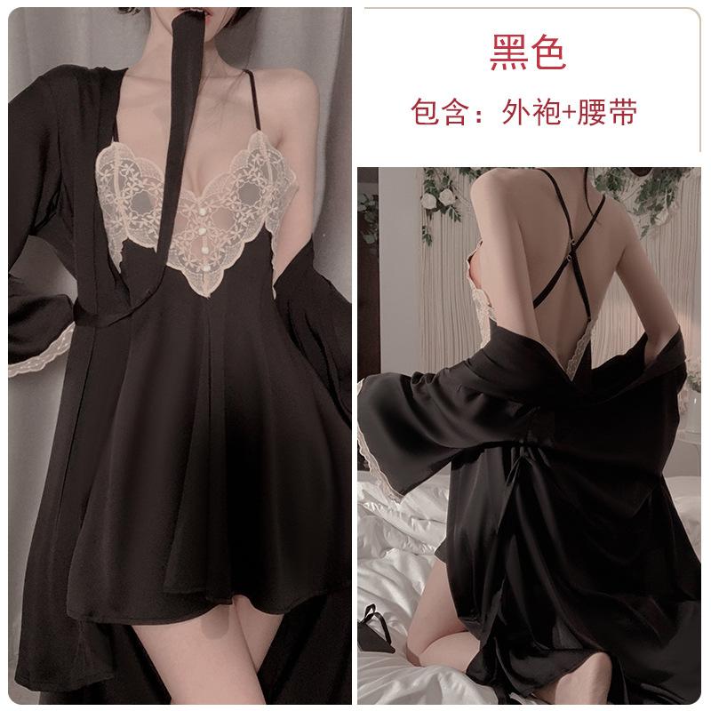 Sexy Cross Backless Deep V Seduction Lace Splicing Satin Nightdress Robe Women's Home Suit