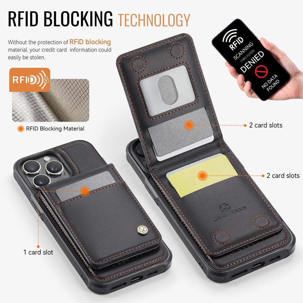 For iPhone 13 Pro 6.1 inch Leather Back Cover Compatible with MagSafe JEEHOOD J06 Phone Case with Card Bag RFID Blocking