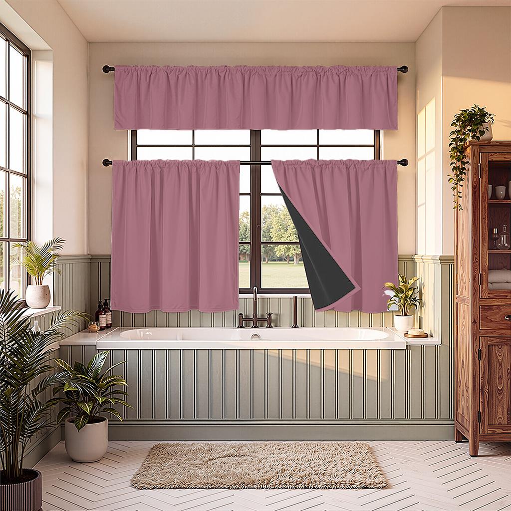 3 Piece Blackout Kitchen Curtain Set With Valance And Tier Curtains Rod Pocket Polyester Privacy Protection Soft Washable
