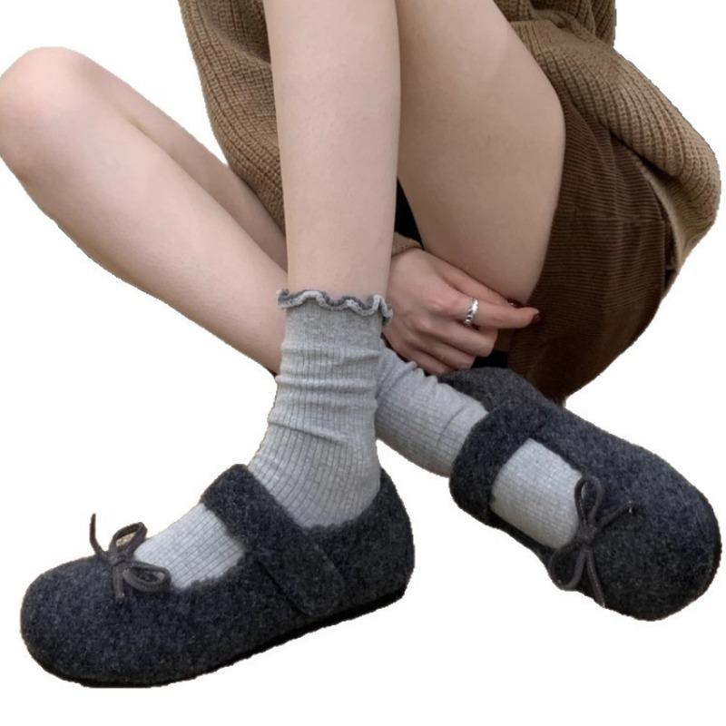 Mao Mao shoes women wear new fairy round head single shoes in autumn and winter, bow versatile velvet thermal cotton ladyshoes