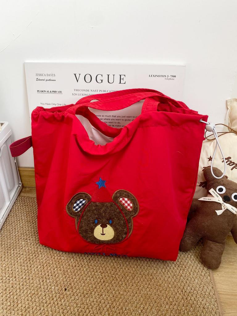 Cute Retro Embroidered Bear Nylon Women's Shoulder Bags Fashion Large Capacity Ladies Handbag Versatile Female Shopping Bag