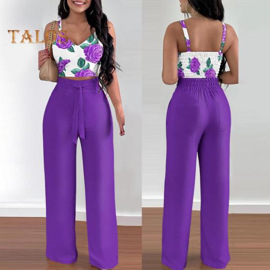 Καλοκαιρινά ρούχα δύο τεμαχίων για γυναίκες, αμάνικο παντελόνι με φαρδιά μπατζάκια και V λαιμόκοψη, καλοκαιρινό, casual, ασορτί κοστούμι με φλοράλ print