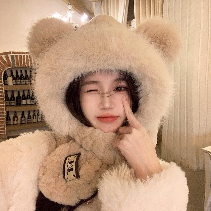 Bear Plush Hat Scarf Integrated Female Winter Cute Furry Face Small Thickened Warm Ear Protector Lei Feng Hat