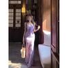 Purple floral mesh suspender dress women's summer seaside vacation temperament waist hip fish tail dress