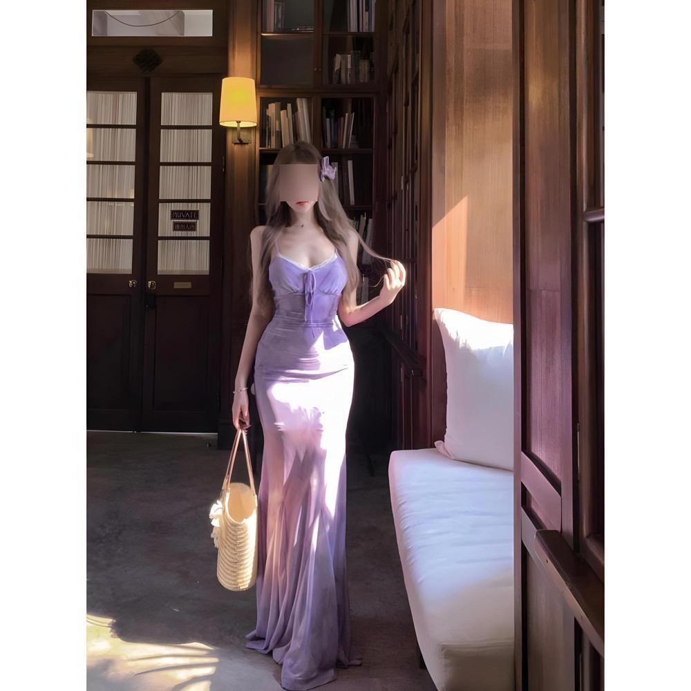 Purple floral mesh suspender dress women's summer seaside vacation temperament waist hip fish tail dress