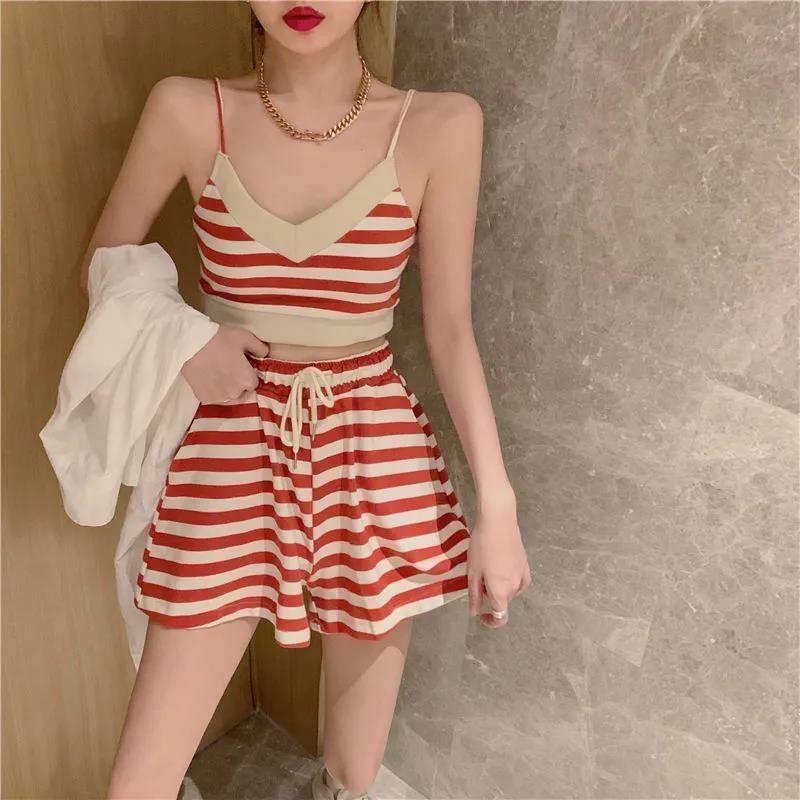 Two Piece Sets Women Summer Vacation Backless Camisole Elastic Waist Shorts Stripe Y2K Beach Style Suits
