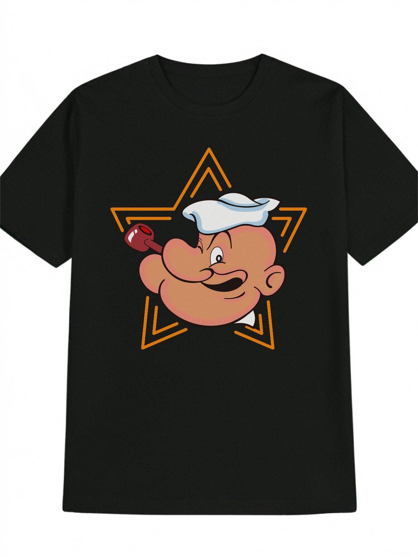 Comfortable] Casual Crew Neck T-shirt with Popeye Flexing Arm Print - Black Graphic Tee L