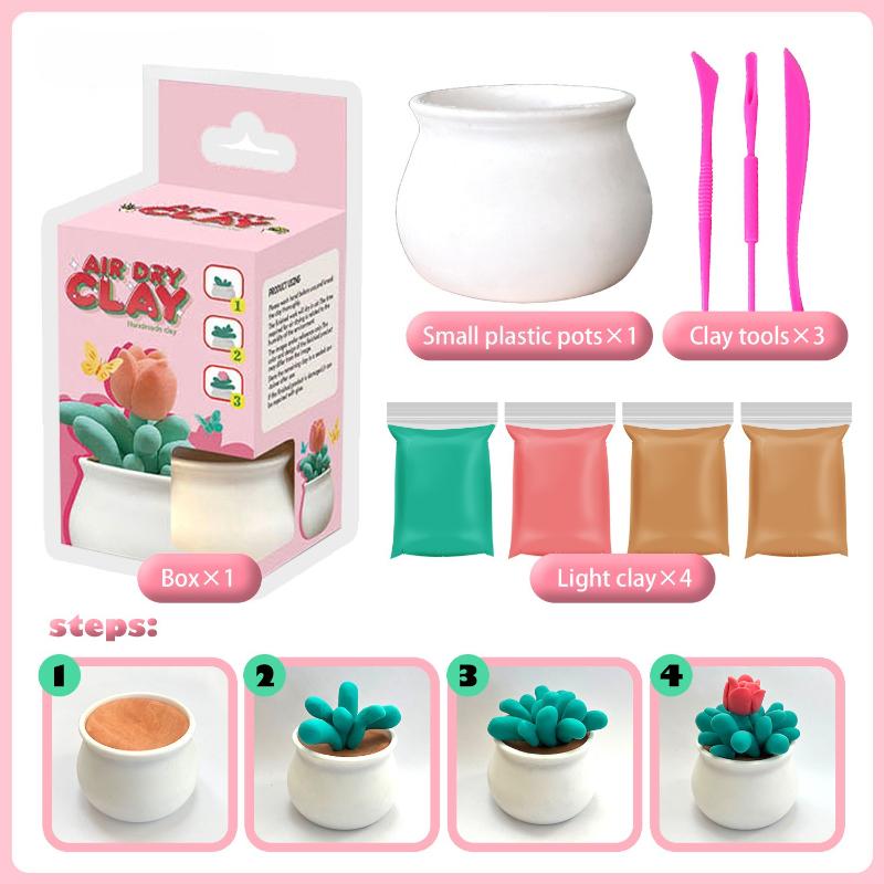 4-Color Ultra-Light Clay Succulent Pot DIY Handmade Modeling Clay Toy Set for Kids