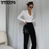Damen V-Ausschnitt Langarm Skinny T-Shirts Damen Gestrickte Tops Herbst Winter Feste Beiläufige Dünne Damen Tees Streetwear