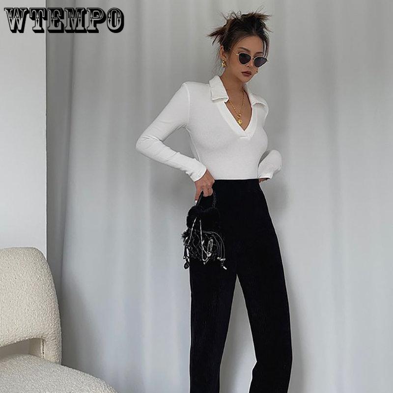 Damen V-Ausschnitt Langarm Skinny T-Shirts Damen Gestrickte Tops Herbst Winter Feste Beiläufige Dünne Damen Tees Streetwear