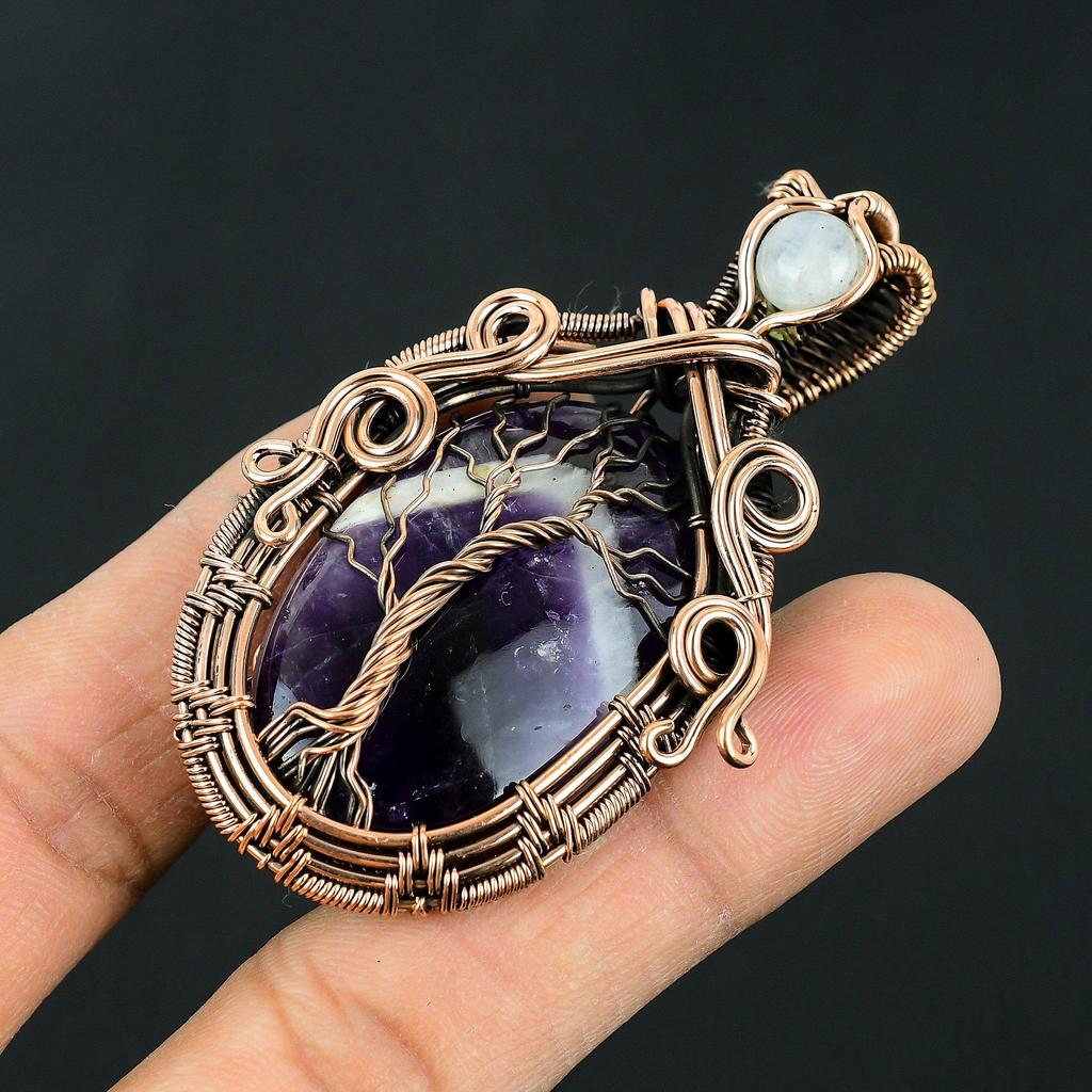 Handmade Tree of Life Copper Wire Wrapped Amethyst & Moonstone Pendant Necklace