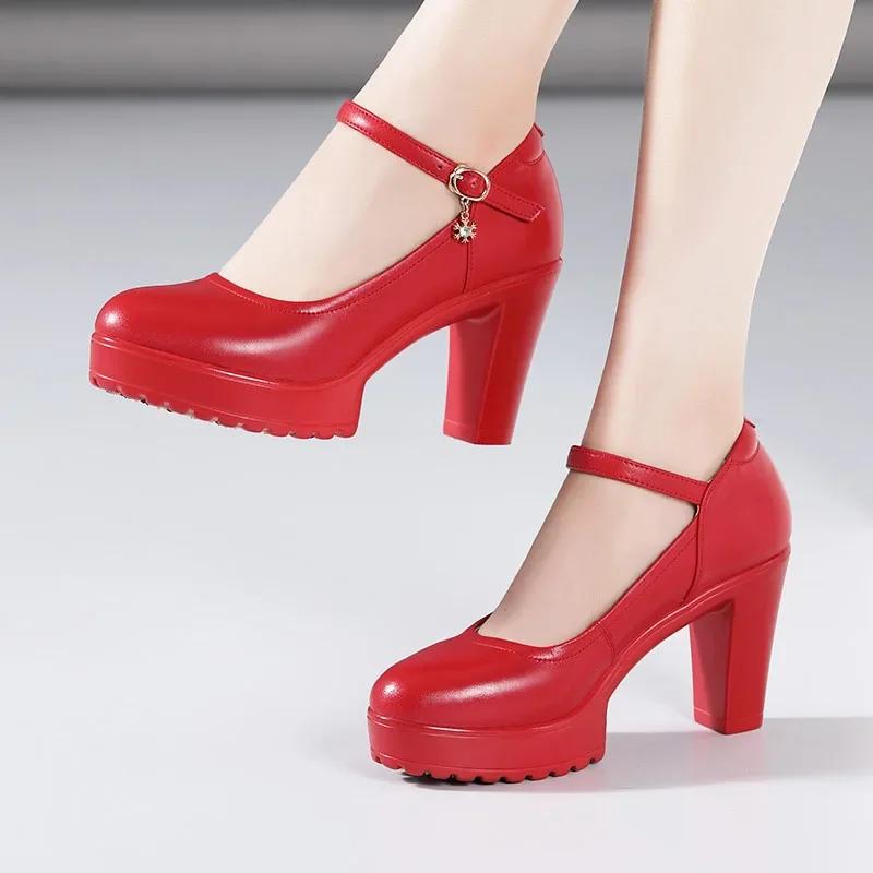 Fashion Cowhide Women's High Heel Shoes with Heels Platform Mary Jane Shoes Women Pumps Office Work Shoe Women's Wedding Shoes 32-43