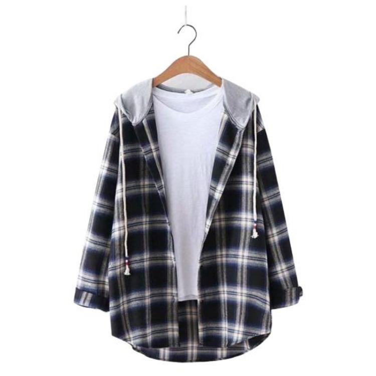 Women Loose Retro Long Sleeve Plaid Drawstring Hoodie Zipper Shirt Coat XL
