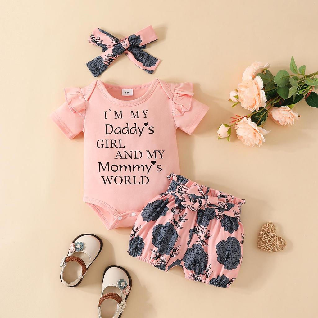 Baby Girl Summer Romper & Shorts Set - "Letter" Top with Belted Flower Pants