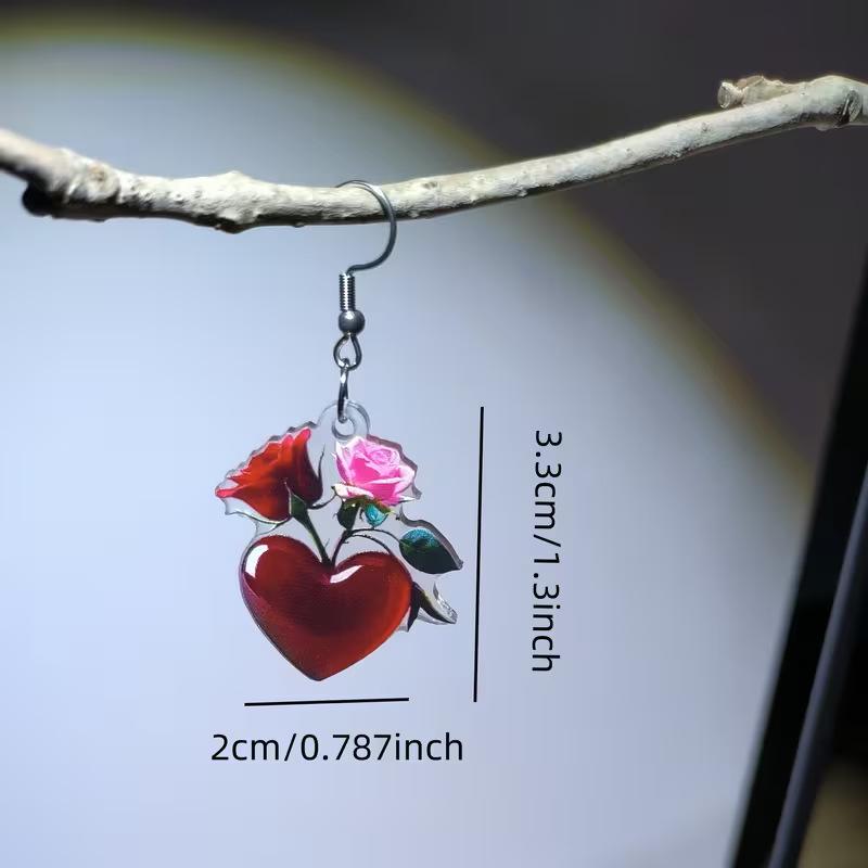 Blood Red Heart Rose Acrylic Earrings - Valentine's Day