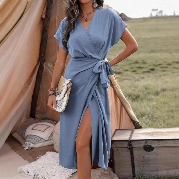 Solid Color Summer Women Fashion Lace Up Wrap Dress with Forged Slit Design