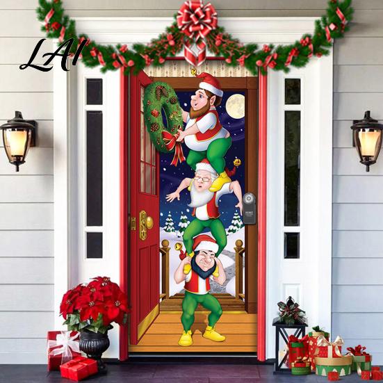 Waterproof Door Cover Christmas Colorful Print Decoration Backdrop Santa Claus Design Front