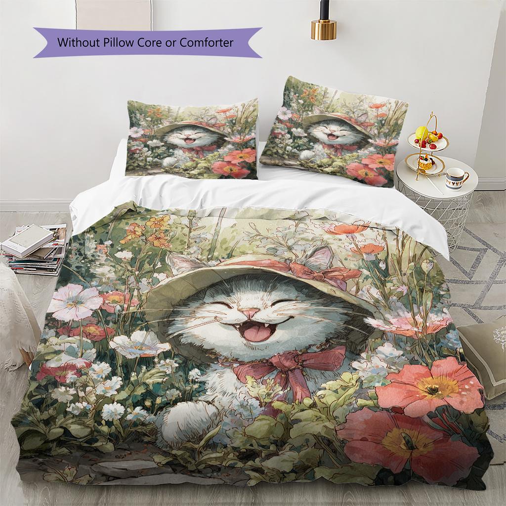 Set Copripiumino Trapuntato con Fantasia Gatto con Cappello Vintage Decorazione per la Casa Regalo (1 * copripiumino + 2 * federa, senza nucleo)