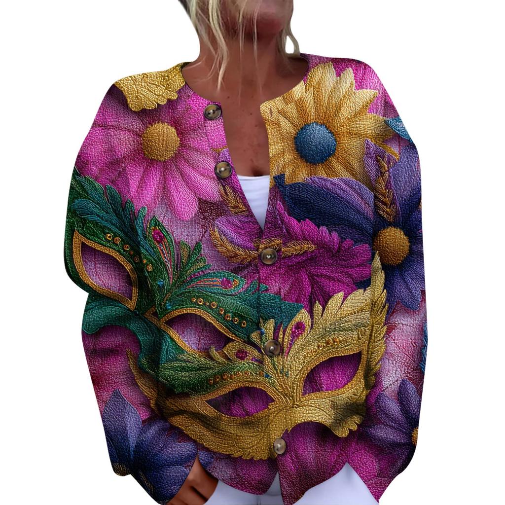 Women's Fashion Festival Printed Long-Sleeved Knitted Cardigan With Button-Front