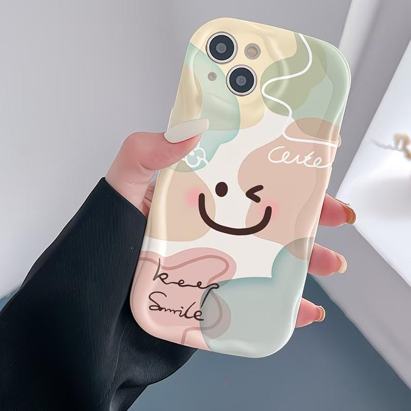 Phone Case For iPhone 17 16 15 14 13 12 11 Pro Max Plus 17e 16e Minimalist Happy Smiley Face Design Soft Curly Wave Edge Cover