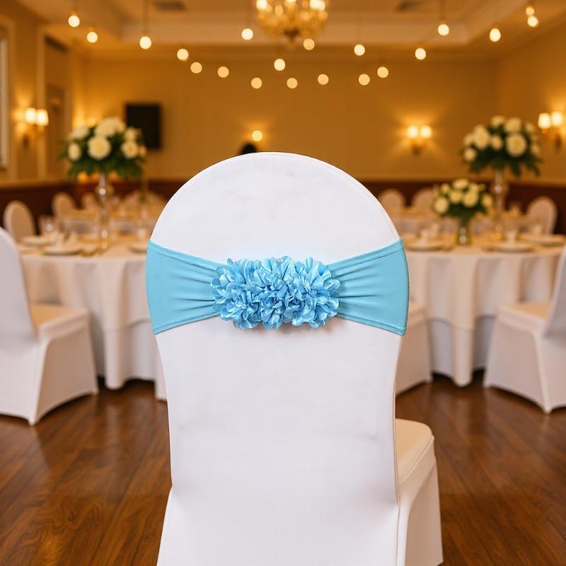 Faixa de Cadeira de Cetim Elástico em Várias Cores Design Elástico com Flor 3D Para Decoração de Casamento Banquete Festa Evento