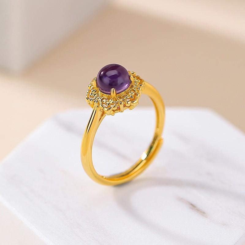 Adjustable Open Ring With Purple Zirconia Gemstone Geometric Minimalist Vintage Style Gold Plated Copper Jewelry Women Adjustable Open Band