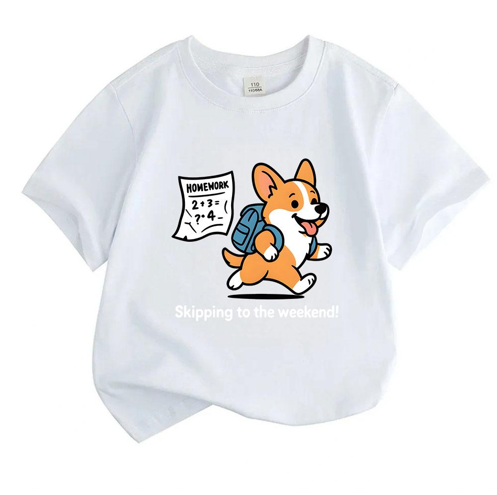 Kids Boys Girls 100% Cotton Crew Neck Short Sleeve T-Shirt, Cute Corgi Skipping To Weekend Homework Graphic Casual Soft Tee for School Daily Wear