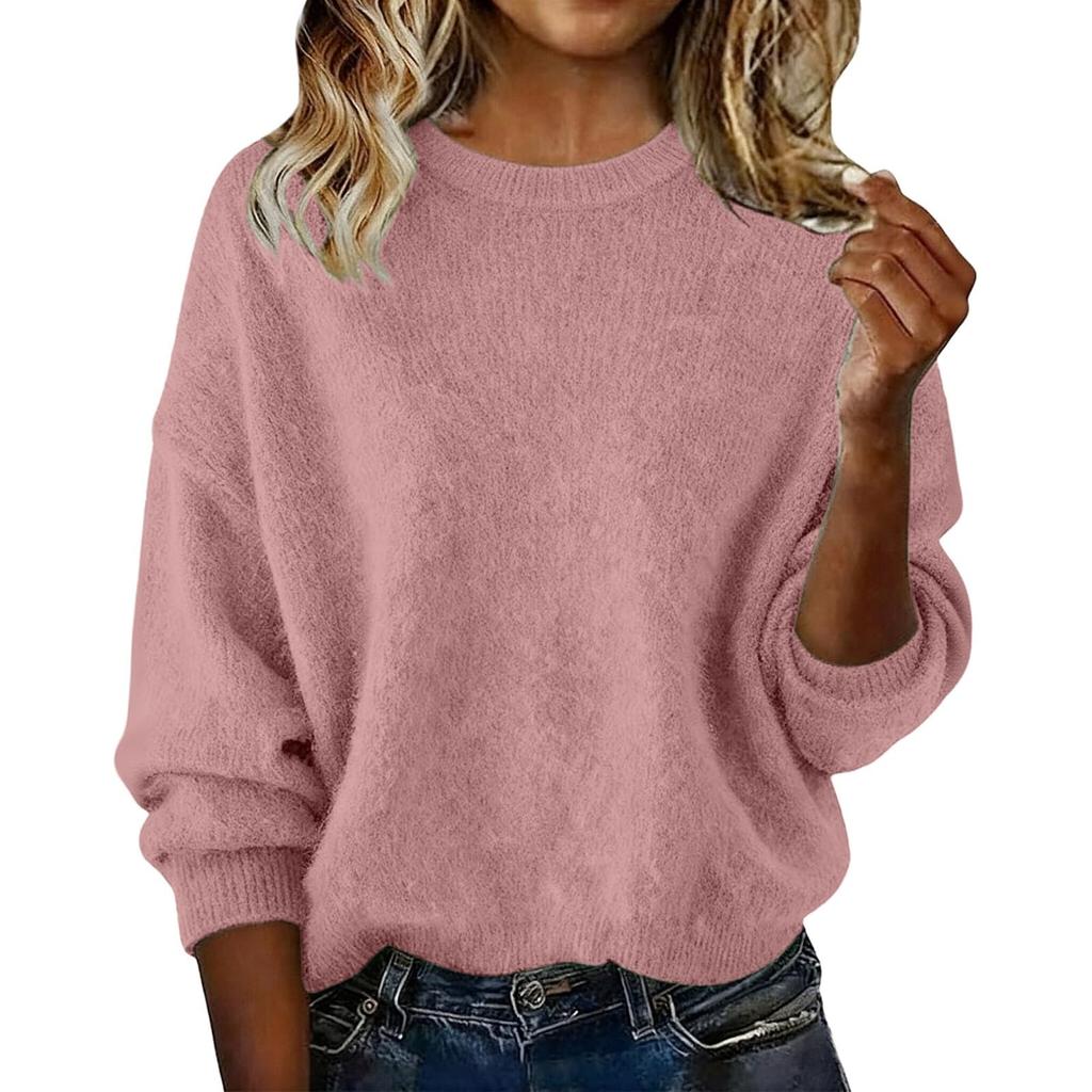 Women's Fashion Casual Loose Pullover Solid Color Round Neck Long Sleeve Knit Sweater