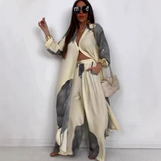 European Spring Fashion 2026: Off-the-Shoulder Print Long Sleeve Skirt Suit Women's Two-Piece Set