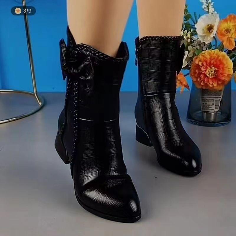 Dámské podzimní a zimní nové boty z pravé měkké kůže s krátkým svrškem, boty Martin střední délky s měkkou kůží, univerzální střední podpatek, sametové boty