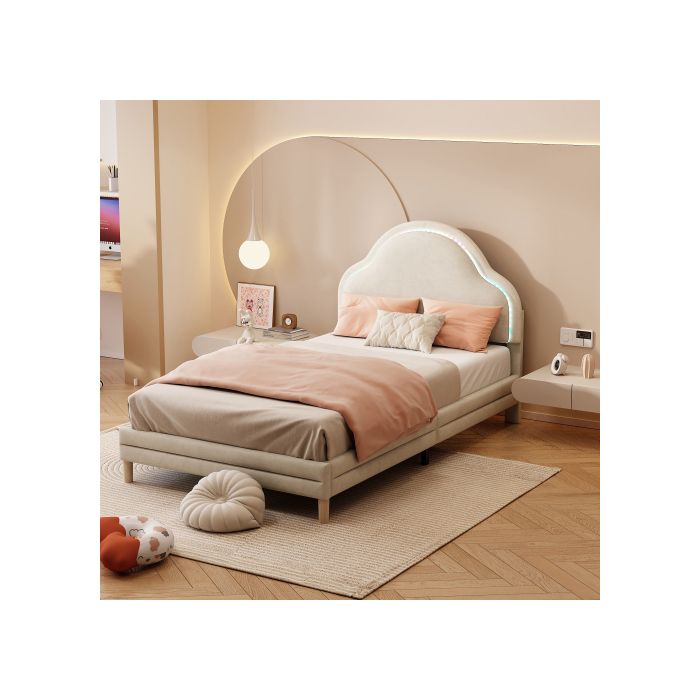 Lit simple - MUVOE - 90x200 cm - Tête de lit nuage - Velours beige - Bandes lumineuses multicolores