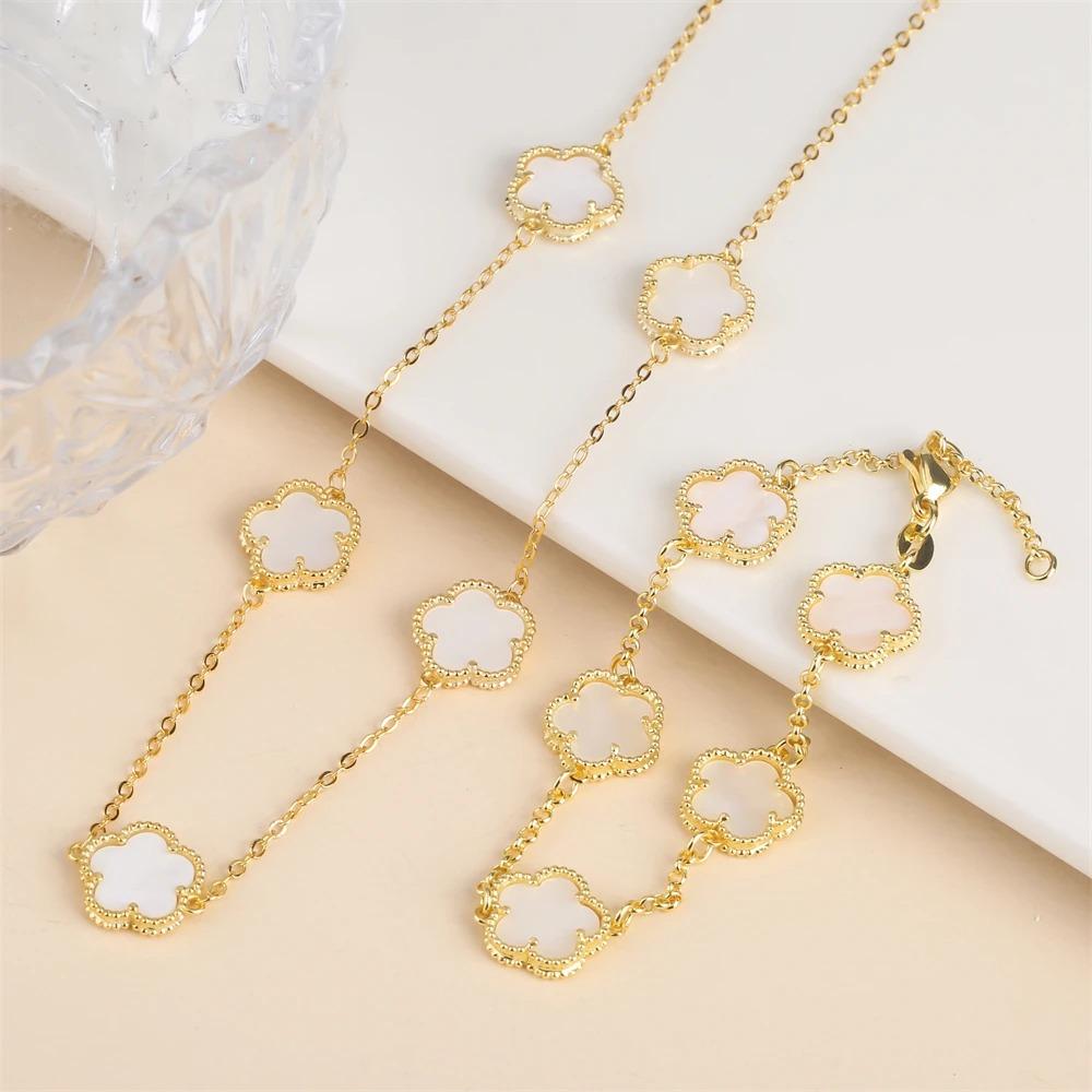 2024 Hot Sale 10 Colors Five-Leaf Flower Set Bracelet Necklace Classic Simple Women Zircon Set Suitable For Daily Party Wear
