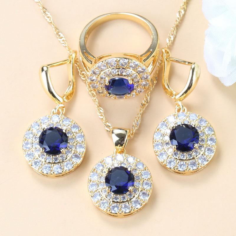 Simple Round Bridal Four-Piece Suit White Zircon Crystal Gold Color Women Jewelry Sets Dangle Earrings/Bracelet/Ring 6-Colors