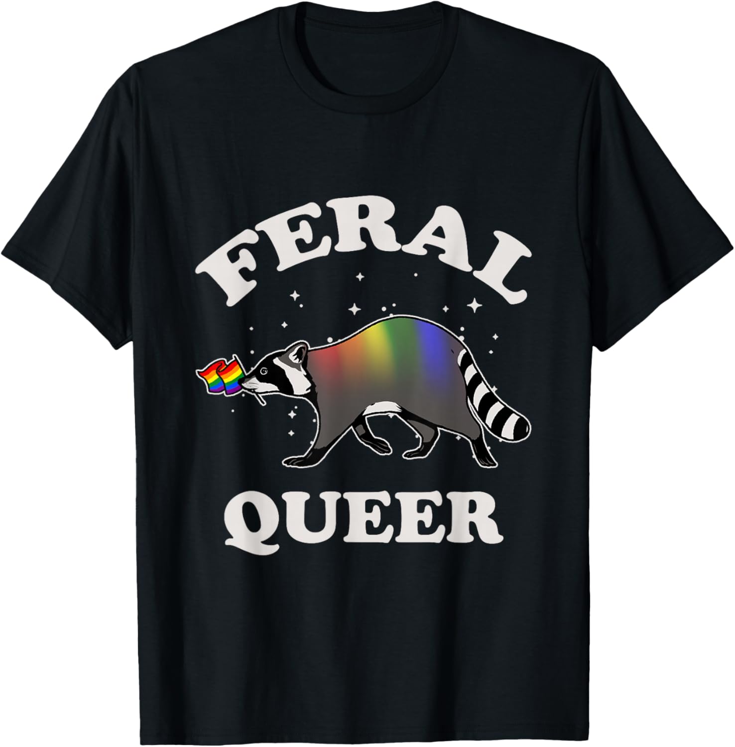 Feral Queer Raccoon Rainbow Pride Flag Graphic Tee Breathable Cotton Short Sleeve Casual T-Shirt 4XL