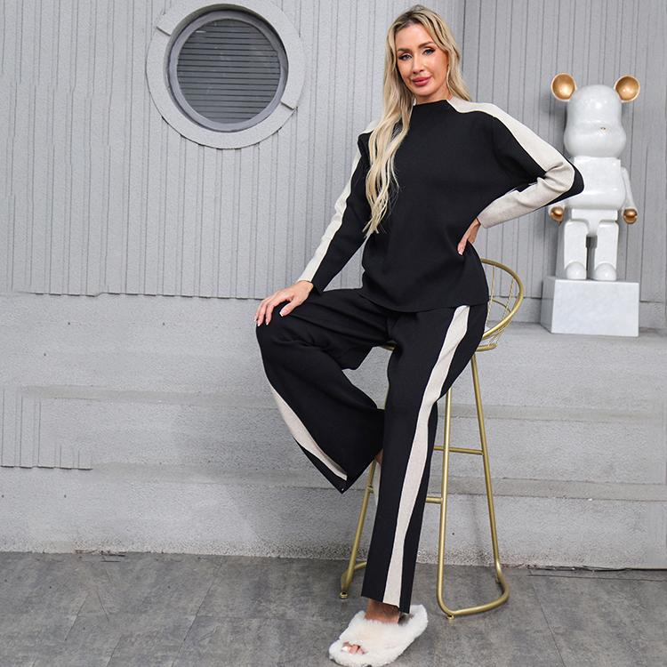 Conjunto de dos piezas de suéter de punto casual para mujer de otoño invierno, tops de manga larga tipo jersey y pantalón de pierna ancha, chándal