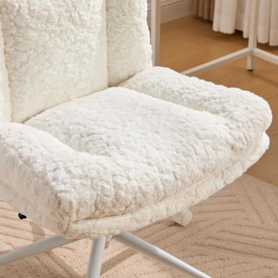 Silla de Manicura 26.4 Pulgadas Asiento Silla de Oficina Pelo de Conejo Artificial Hogar con Base Giratoria de Metal Escritorio Vanity Ajustable (Crema)
