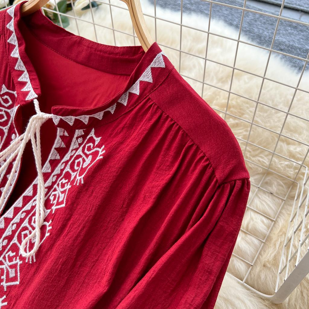 Schickes Vintage Langarm Locker Schlank Elegant Fee Koreanische Mode Boho Sommerkleid Damenbekleidung Langes Kleid