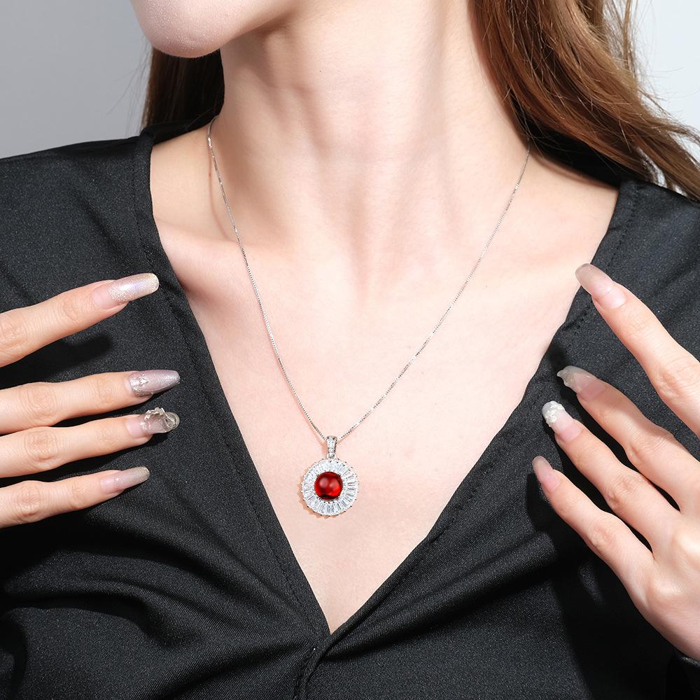 925 Sterling Silver Luxury Design Round Red Zircon Necklace Wedding Anniversary Party Gift