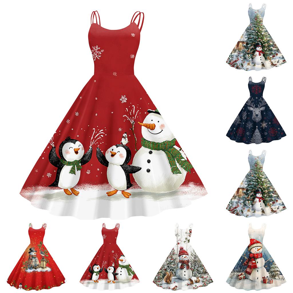 Women's Christmas Print Sexy Off-the-Shoulder Punk Retro Dress