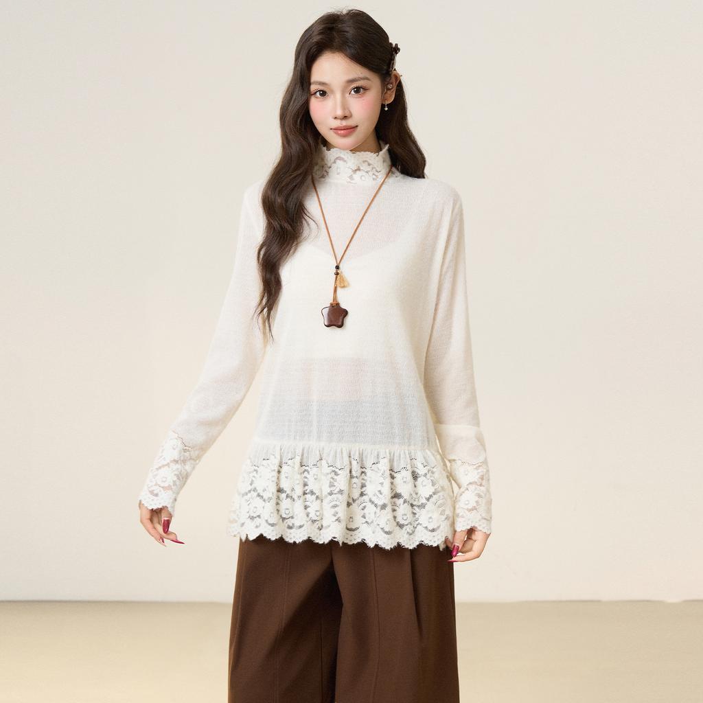 Xiaoxiangfeng Lace Fungus Edge Semi-turtleneck Knitted Sweater Women's Autumn and Winter Long-sleeved T-shirt with Bottoming Shirt Top