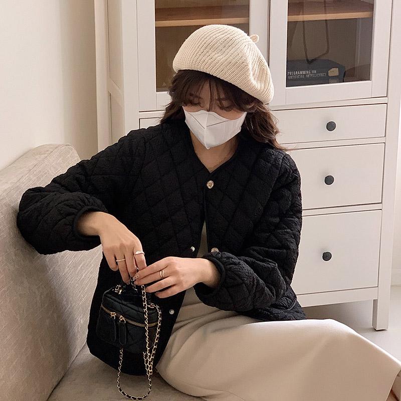 Women's Autumn Winter O Neck Long Sleeve Button Big Pocket Short Warm Parka Chic Jacket