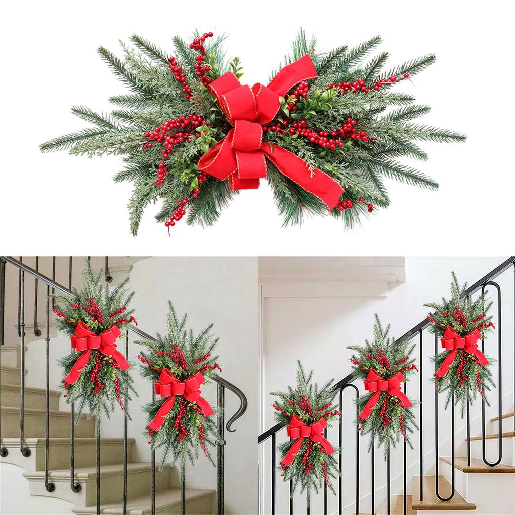 Christmas Stair Wreath with Pinecones Bowknot Hanging Stairs Garlands for Front Door Decoration Winter Wreath Party Gift