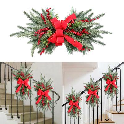 Christmas Stair Wreath with Pinecones Bowknot Hanging Stairs Garlands for Front Door Decoration Winter Wreath Party Gift