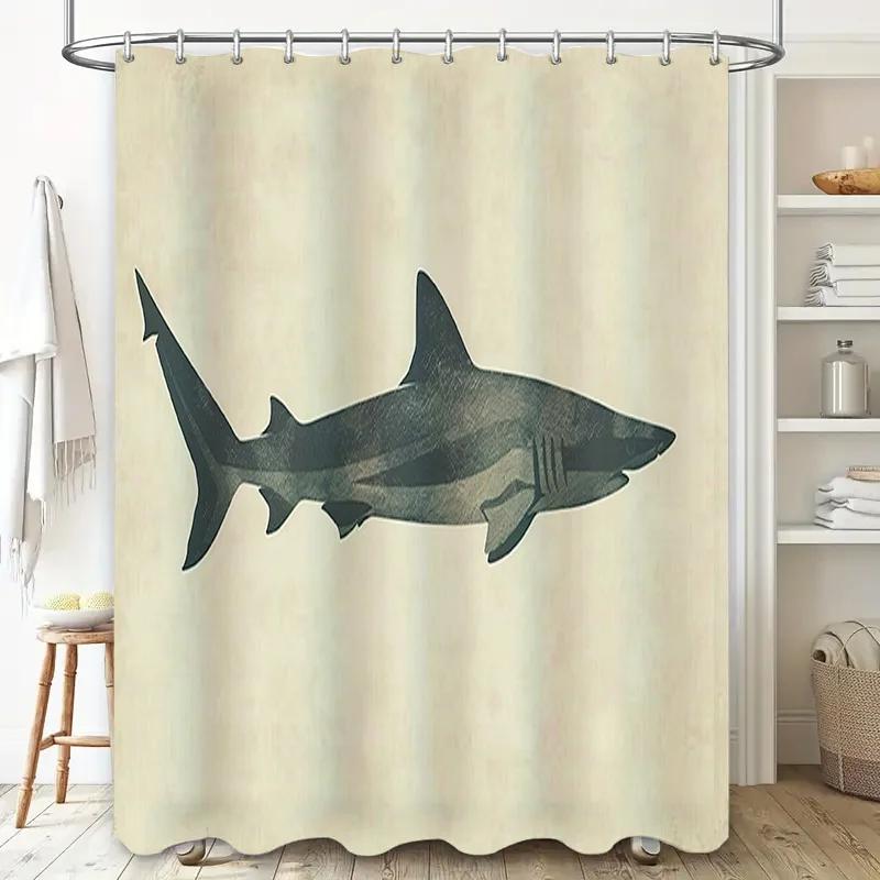 Stylish Shark Printed Shower Curtain for Bathroom Decor Modern Waterproof Fabric 180x180cm Single Panel White Color Available on