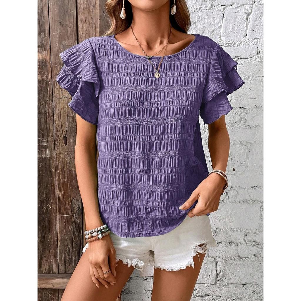 IHUASU Women's Summer Double Layer Lotus Sleeve Round Neck Style Pullover T-shirt Women