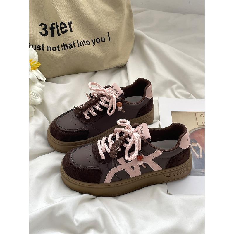 Retro color matching thick bottom beaded women's new round head lace-up fashionable versatile casual sports board