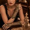 Retro-Inspired Gold Lace Gloves with Fingerless Form, Round Hand Accent, and Extended Cuffs for Evening Event
