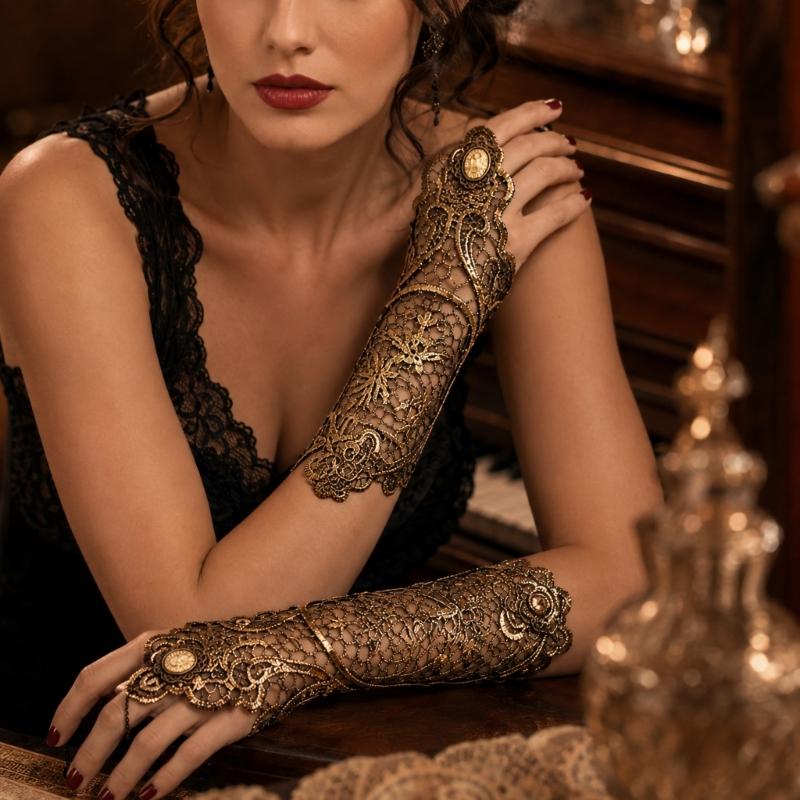 Retro-Inspired Gold Lace Gloves with Fingerless Form, Round Hand Accent, and Extended Cuffs for Evening Event