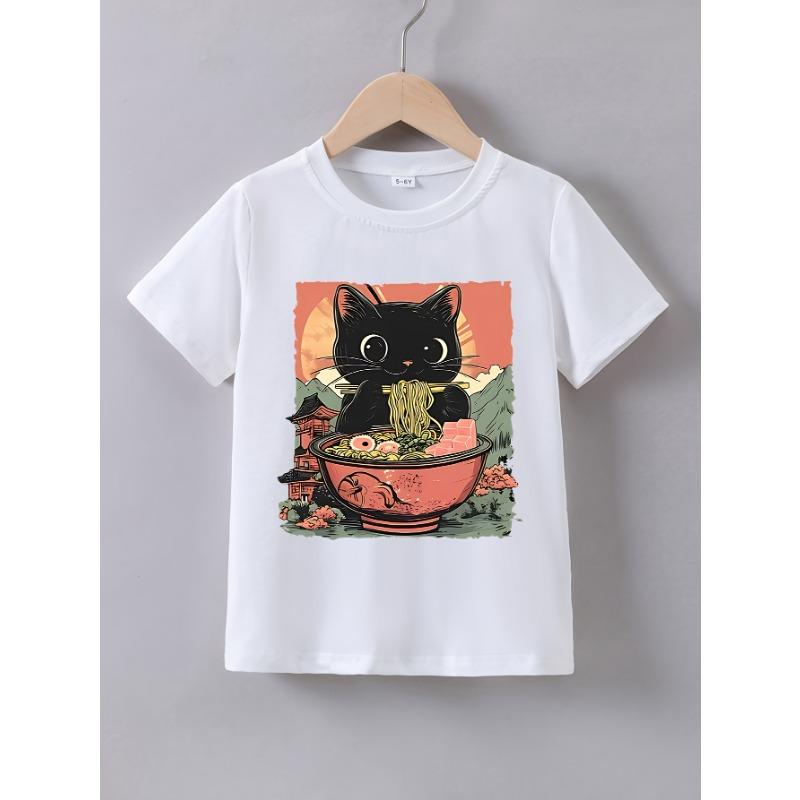 European Size Childrens Summer Short-Sleeve Cat Eating Ramen Print T Shirt